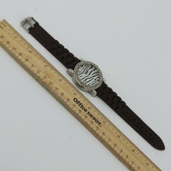 Geneva Chocolate Brown Wristwatch Zebra Animal Print Rhinestone Silicon Rubber - Picture 2 of 9